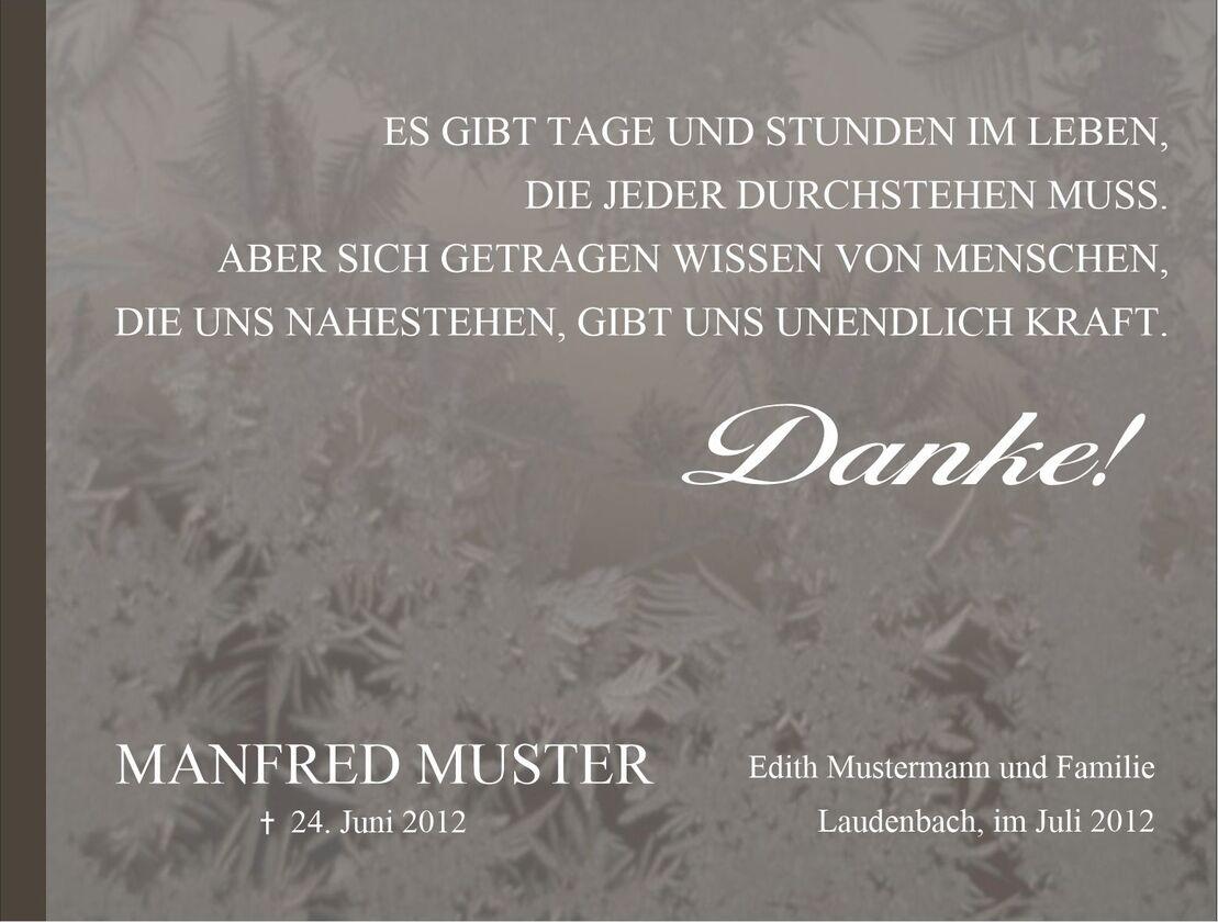 Gedächtnisbild für Manfred Muster mit Trauerspruch und Dankesworte, versehen mit Datum und Namen der Hinterbliebenen.