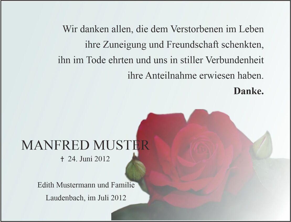 Traueranzeige mit roter Rose, Name Manfred Muster, Sterbedatum 24. Juni 2012, Dankesworte der Familie.