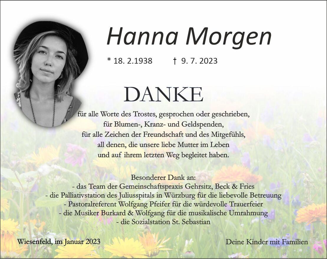 Traueranzeige für Hanna Morgen mit Dankesworten und floralem Hintergrund, angezeigt in sanften Farben.