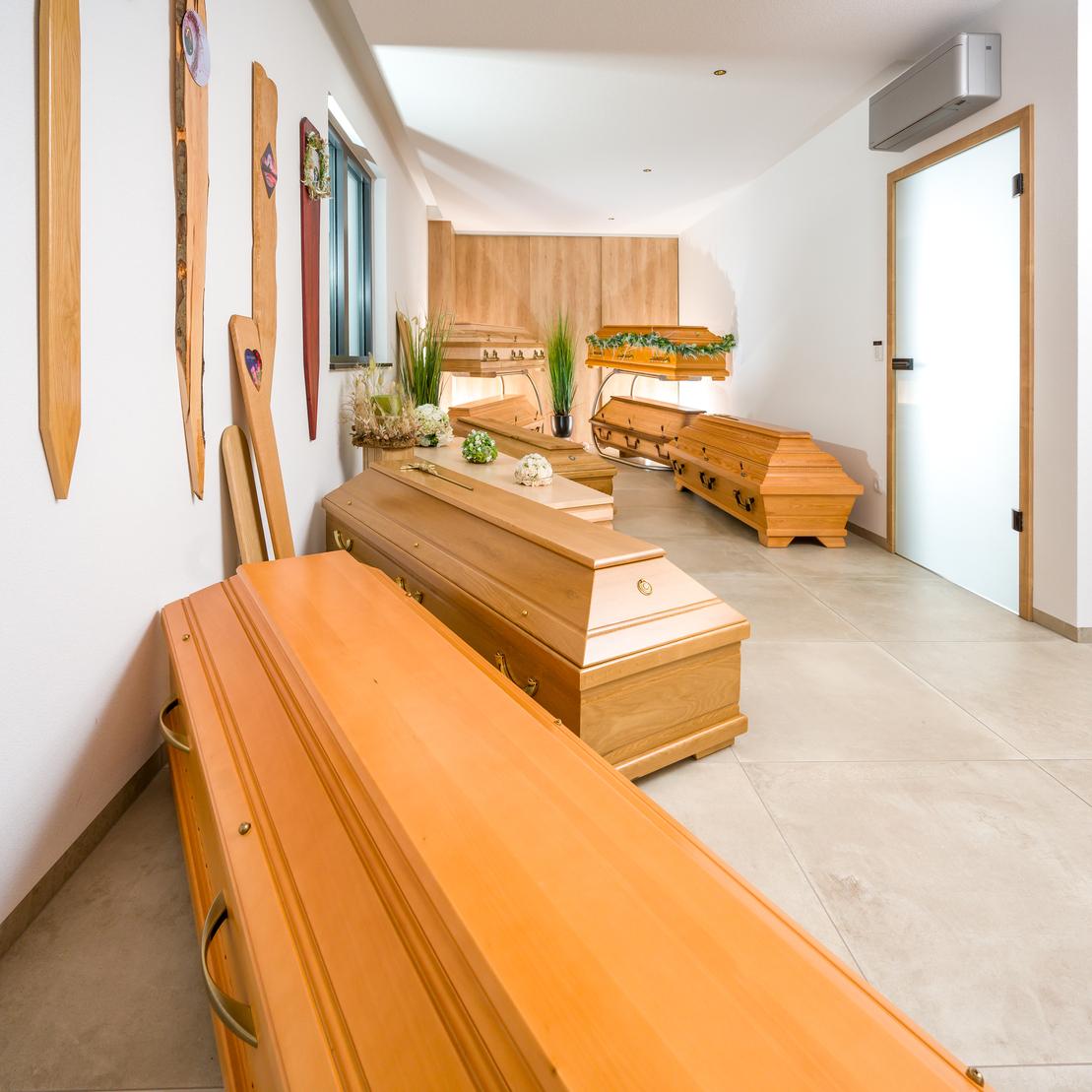 Innenansicht eines Raumes mit mehreren Holzkisten, dekoriert mit Pflanzen und Wandgestaltung.