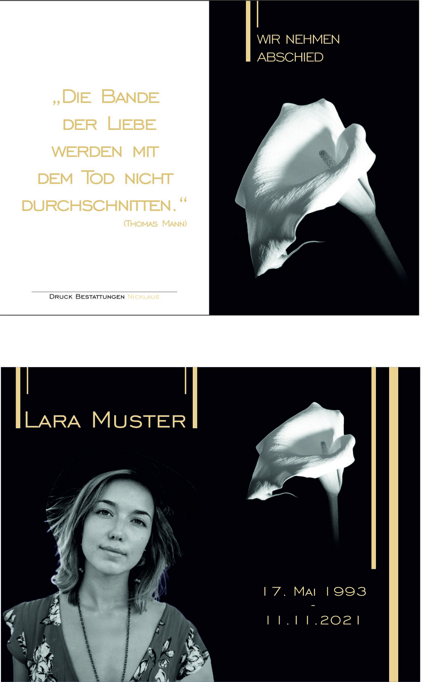 Trauerkarte mit einem Zitat von Thomas Mann, Name und Daten einer Person sowie Calla-Blüten auf schwarzem Hintergrund.