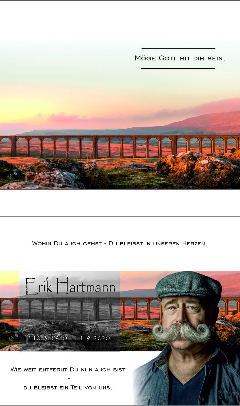 Gedenkbild mit Berglandschaft, Viadukt und Porträt eines Mannes mit Eigenschaften. Textbotschaften zur Erinnerung.