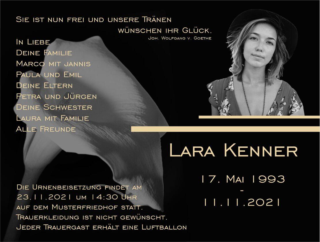 Trauerkarte mit Foto von Lara Kenner, Geburts- und Sterbedatum, umrahmt von liebevollen Botschaften und Details zur Urnenbeisetzung.
