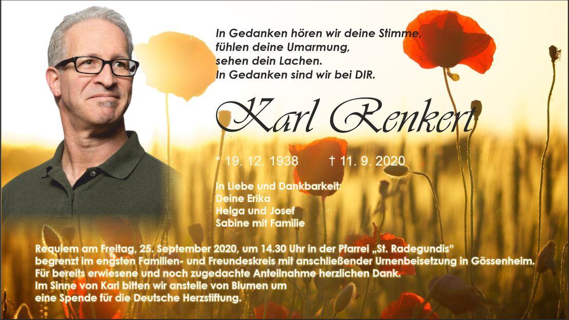 Trauerkarte mit Bild von Karl Renkert, umgeben von roten Mohnblumen und Trauertext, Datum der Zeremonie angegeben.