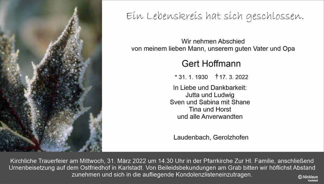 Sterbebild mit frostbedecktem Blatt und Trauertext f&uuml;r Gert Hoffmann, 1930&ndash;2022, Beerdigungsdetails unten.
