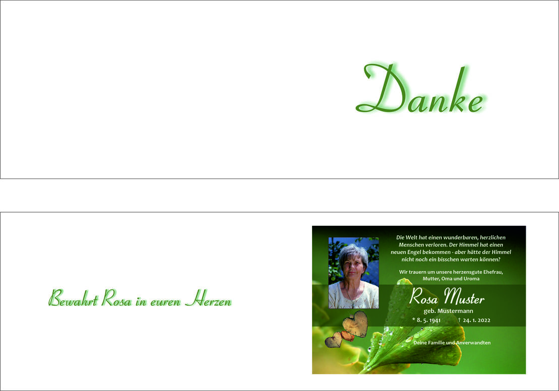 Traueranzeige mit Foto von Rosa Muster, Text &uuml;ber ihr Leben und Dankesworte, umgeben von gr&uuml;nen Bl&auml;ttern und Herzen.