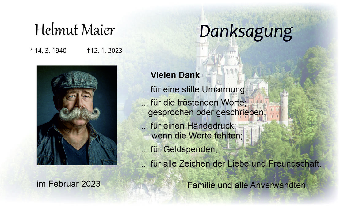 Ausdrucksvolles Portr&auml;t eines Mannes mit gro&szlig;em Schnurrbart und M&uuml;tze, erg&auml;nzt durch eine Dankesbotschaft und Schloss im Hintergrund.