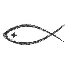 Schwarzes Fischsymbol mit geschwungener Linie und einem Kreuz im Inneren.