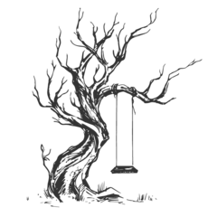 Verzweigter, alter Baum mit einer Holzschaukel, die an einem starken Ast hängt. Gras umgibt den Baumstamm.