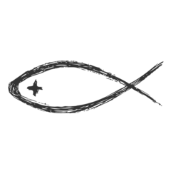 Schwarzes Fischsymbol mit geschwungener Linie und einem Kreuz im Inneren.