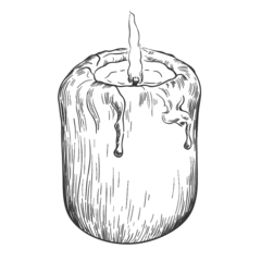 Gezeichnete Kerze mit geschmolzenem Wachs und einer kleinen Flamme oben.