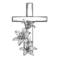 Holzkreuz mit Lilienblüten, die an der linken Seite des Kreuzes angeordnet sind. Zeichnung in schwarz-weiß.