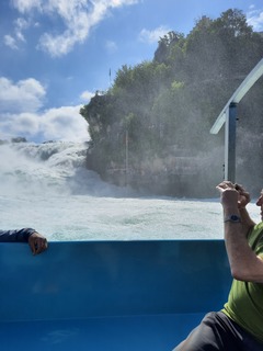 Blick von einem Boot auf den Rheinfall mit schaumigem Wasser und gr&uuml;ner Uferlandschaft im Hintergrund.