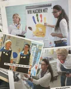Mehrere Personen arbeiten gemeinsam an einem projektbezogenen Poster mit dem Titel &bdquo;Wir machen mit!&ldquo; zur Handhygiene.