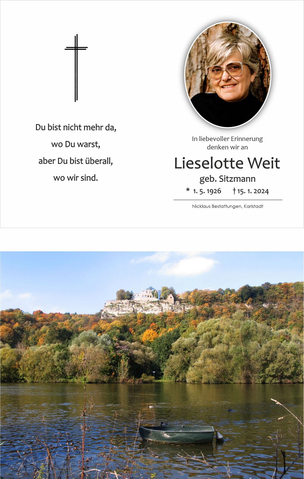 Gedenkartikel f&uuml;r Lieselotte Weit mit einem Foto und einem Blick auf eine herbstliche Landschaft mit Fluss und H&uuml;gel.