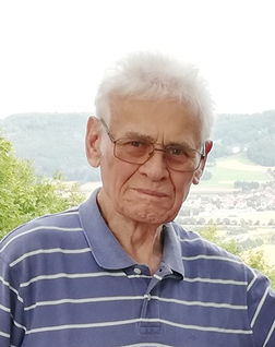 &Auml;lterer Mann mit grauen Haaren und Brille, tr&auml;gt ein gestreiftes T-Shirt, im Hintergrund Landschaft mit gr&uuml;nen H&uuml;geln.