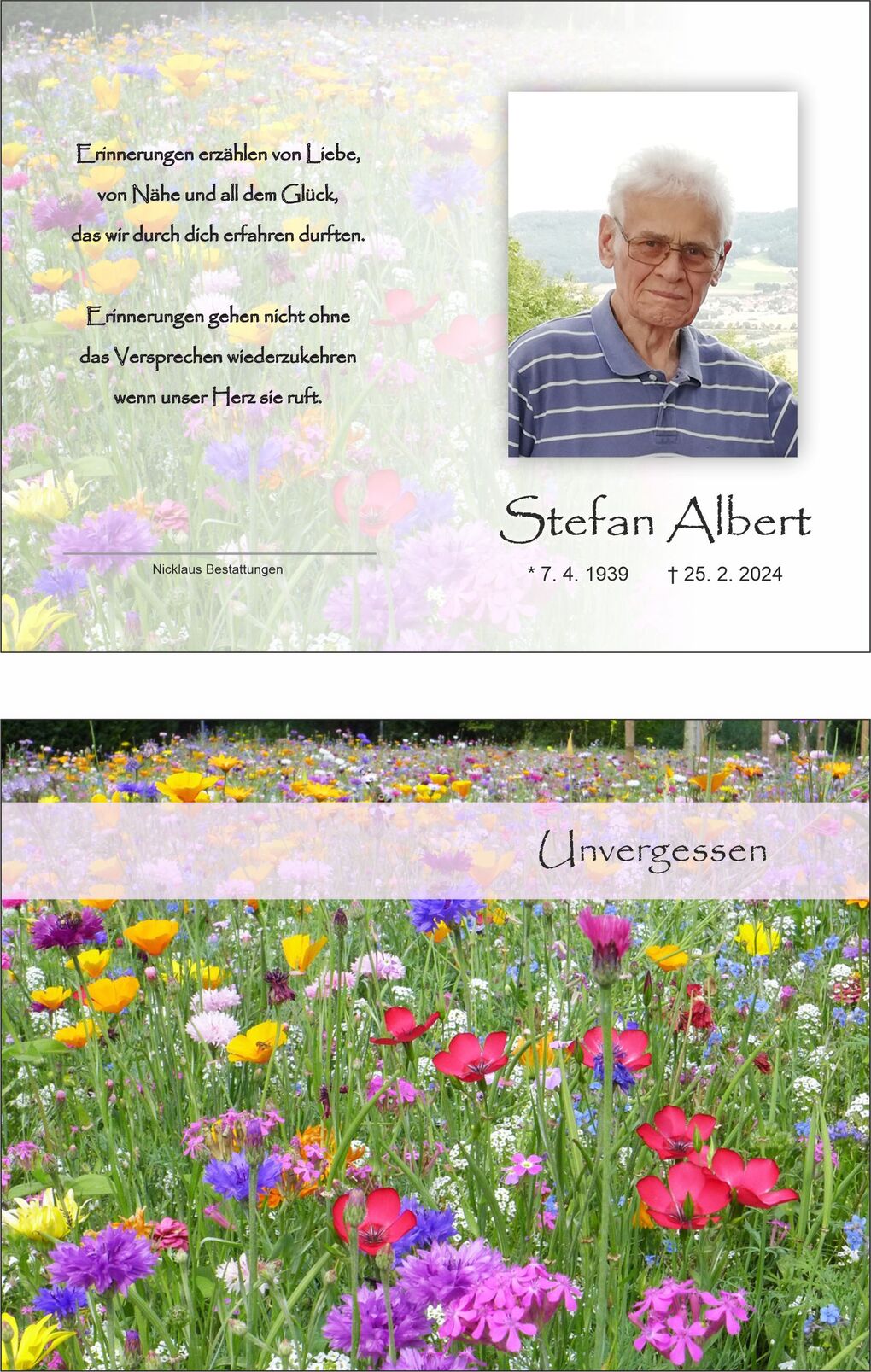 Gedenkblatt mit Foto eines Mannes in einem Streifenhemd und buntem Blumenfeld im Hintergrund, Text &uuml;ber Erinnerungen.