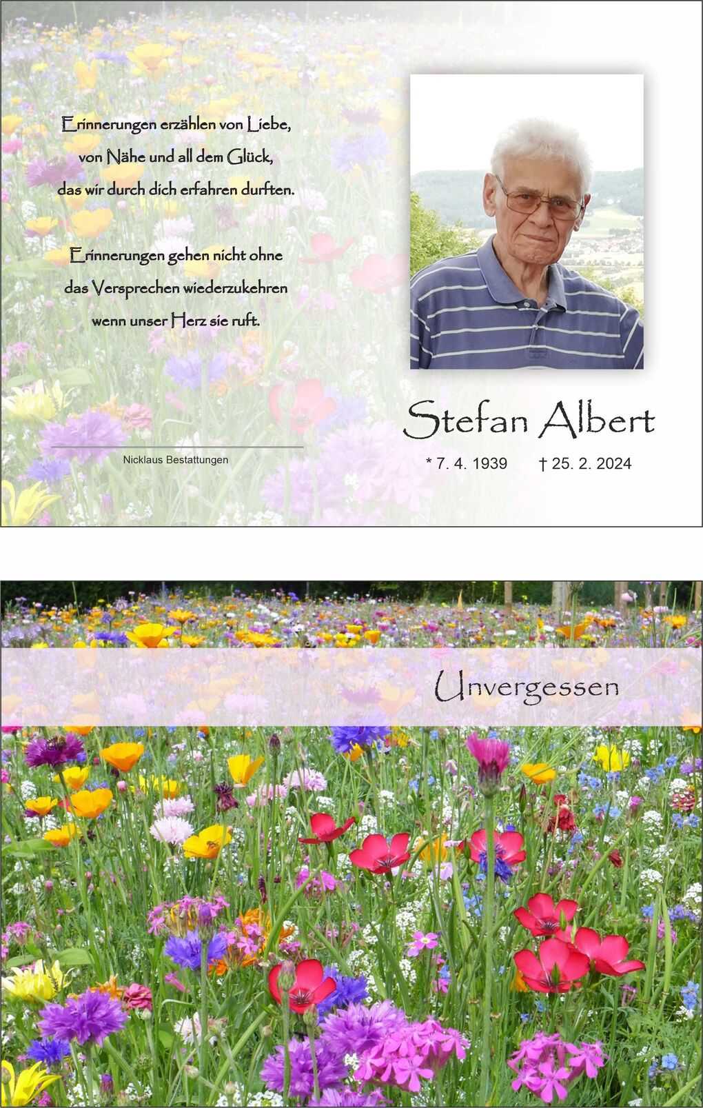 Gedenkblatt mit Foto eines Mannes in einem Streifenhemd und buntem Blumenfeld im Hintergrund, Text &uuml;ber Erinnerungen.