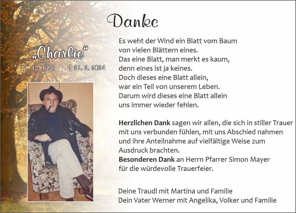 Traueranzeige mit Foto eines Mannes, Text &uuml;ber Dank und Erinnerung, umgeben von herbstlichen Baumfarben.