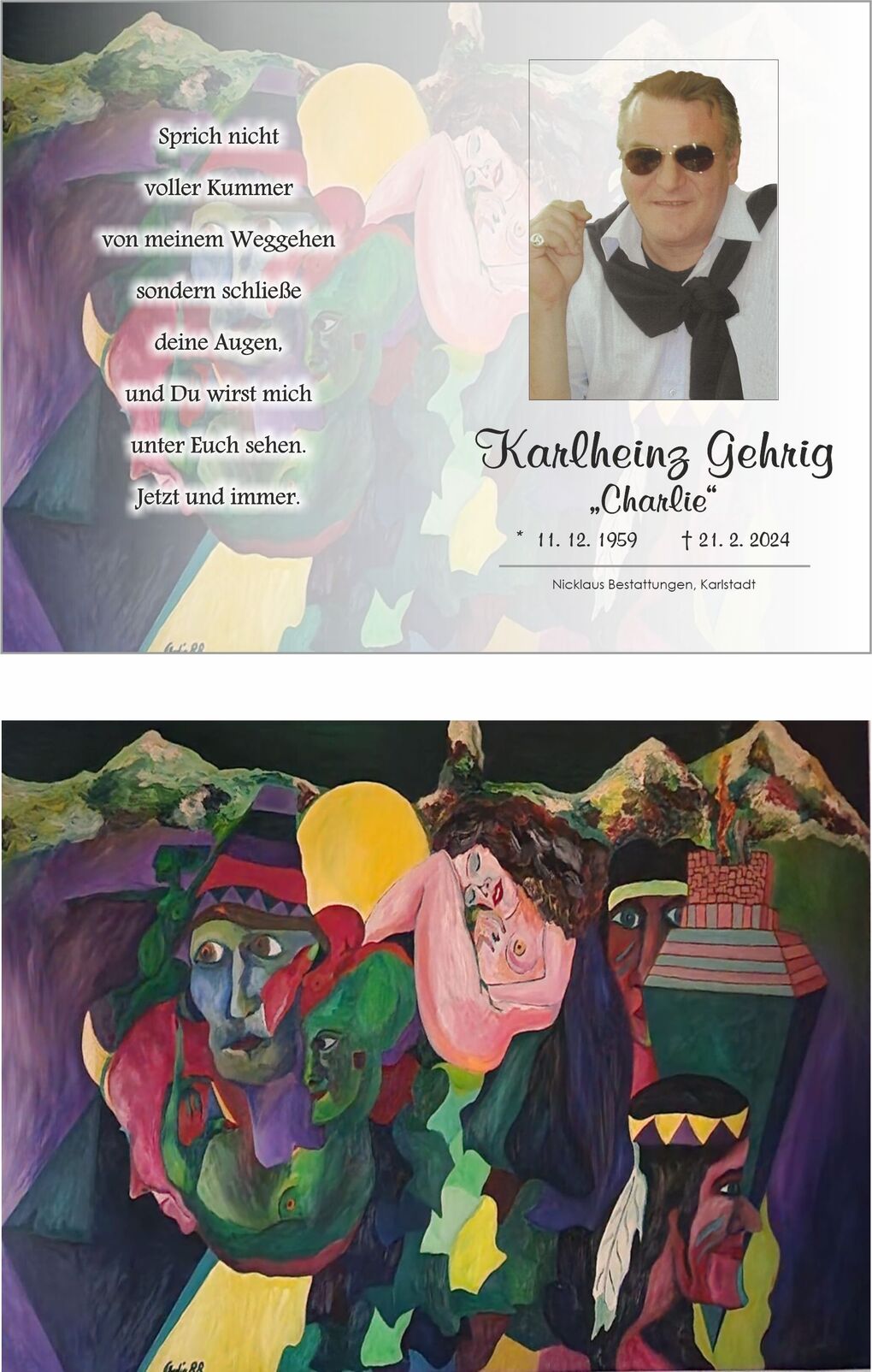 Farbenfrohes Gem&auml;lde mit abstrakten Figuren und Gesichtern, umgeben von geometrischen Formen und einem gro&szlig;en Mond.