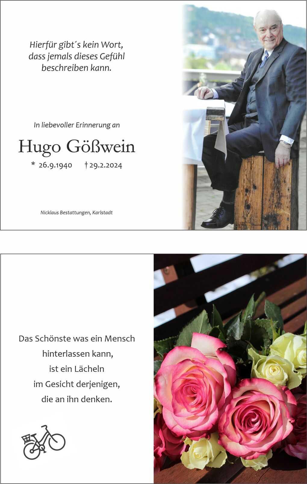 Bild einer Trauerkarte mit der Aufschrift "In liebevoller Erinnerung an Hugo G&ouml;&szlig;wein" und rosa Rosen.