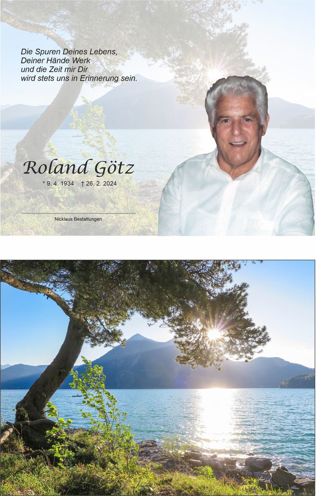 Portr&auml;t von Roland G&ouml;tz vor einer Seenlandschaft mit Bergen und Sonnenstrahlen, umgeben von B&auml;umen und Wasser.