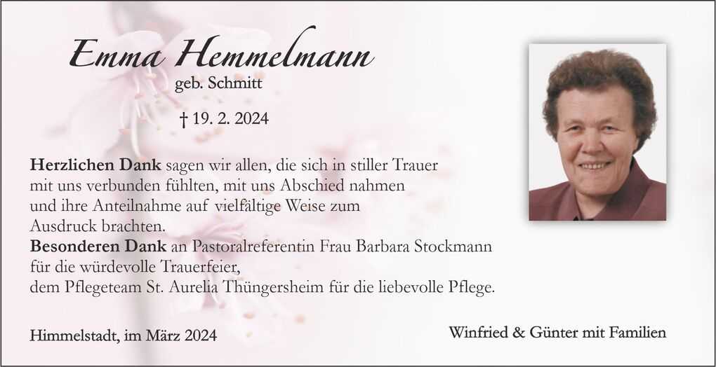 Traueranzeige f&uuml;r Emma Hemmelmann mit Dankesworten und lebendigem Foto der Verstorbenen.