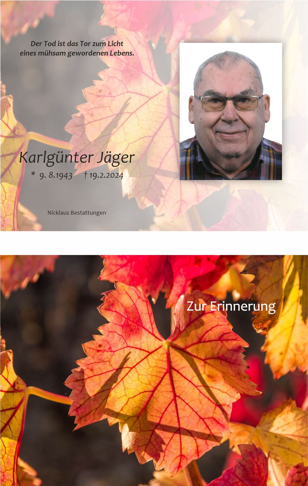 Gedenkarten-Design mit Foto von Karlg&uuml;nter J&auml;ger, Namen, Lebensdaten und bunten Herbstbl&auml;ttern im Hintergrund.