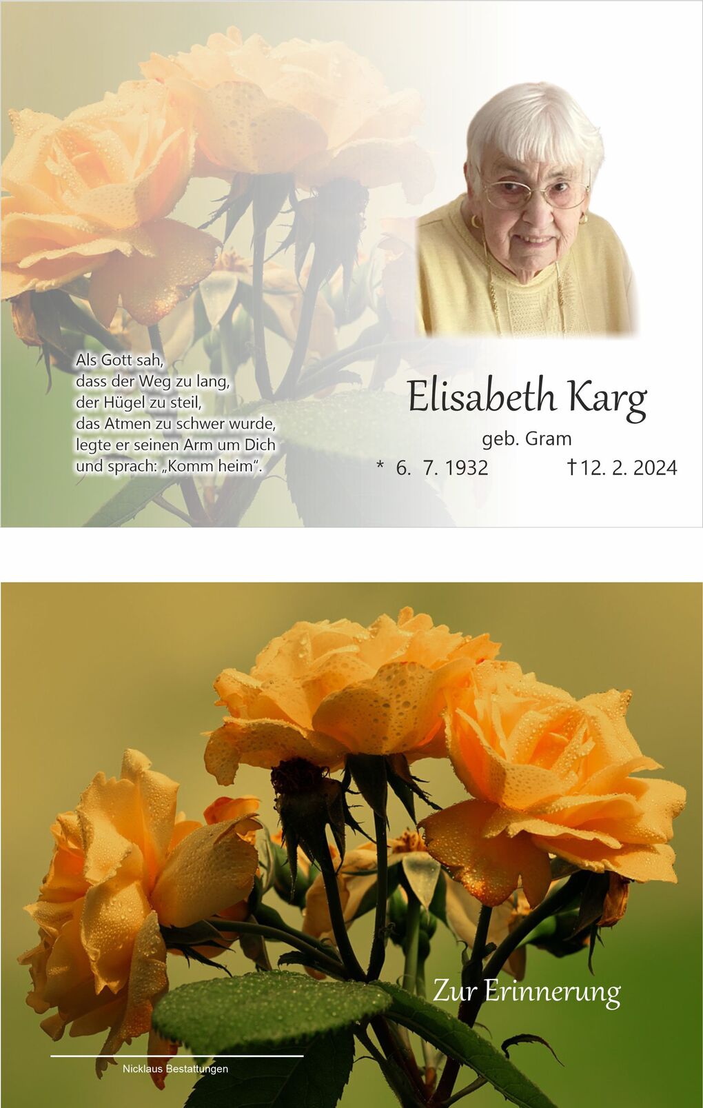 Gedenkblatt mit Foto einer &auml;lteren Frau und gelben Rosen, darunter ein Text und das Datum ihrer Geburt und ihres Todes.