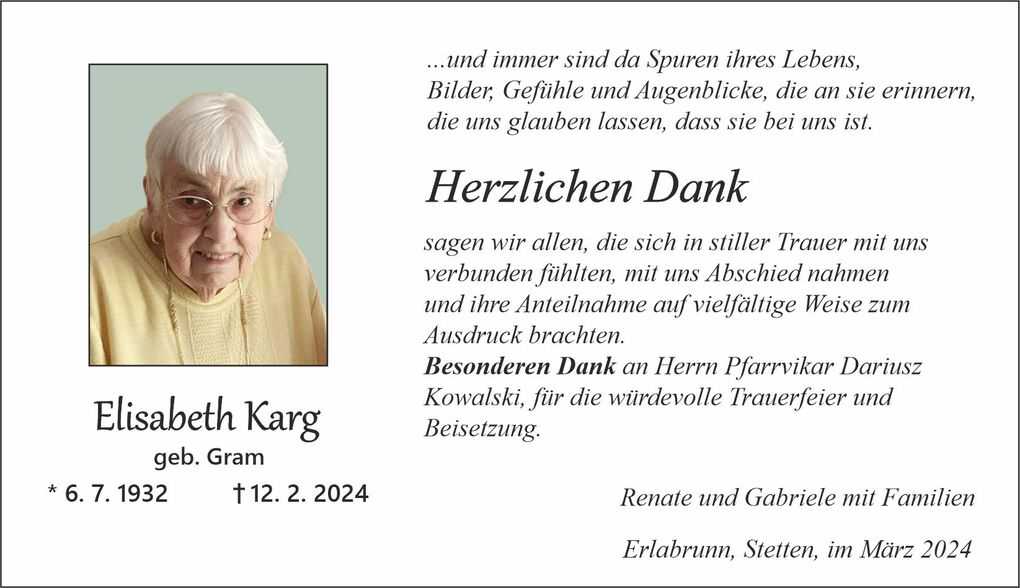 Trauerkarte f&uuml;r Elisabeth Karg mit Portr&auml;t, Geburts- und Sterbedatum sowie Dankesbotschaft in eleganter Schrift.
