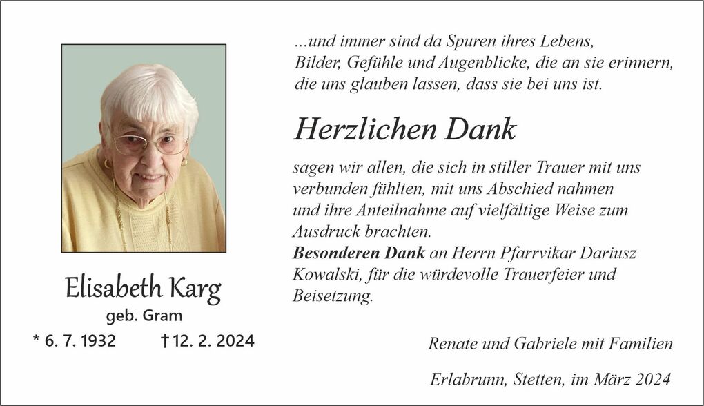Trauerkarte f&uuml;r Elisabeth Karg mit Portr&auml;t, Geburts- und Sterbedatum sowie Dankesbotschaft in eleganter Schrift.