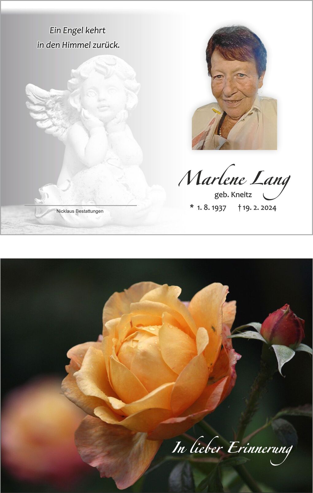 Gedenkblatt mit einem Engel, Foto einer &auml;lteren Frau und einer gelben Rose, umrahmt von der Aufschrift "In lieber Erinnerung".