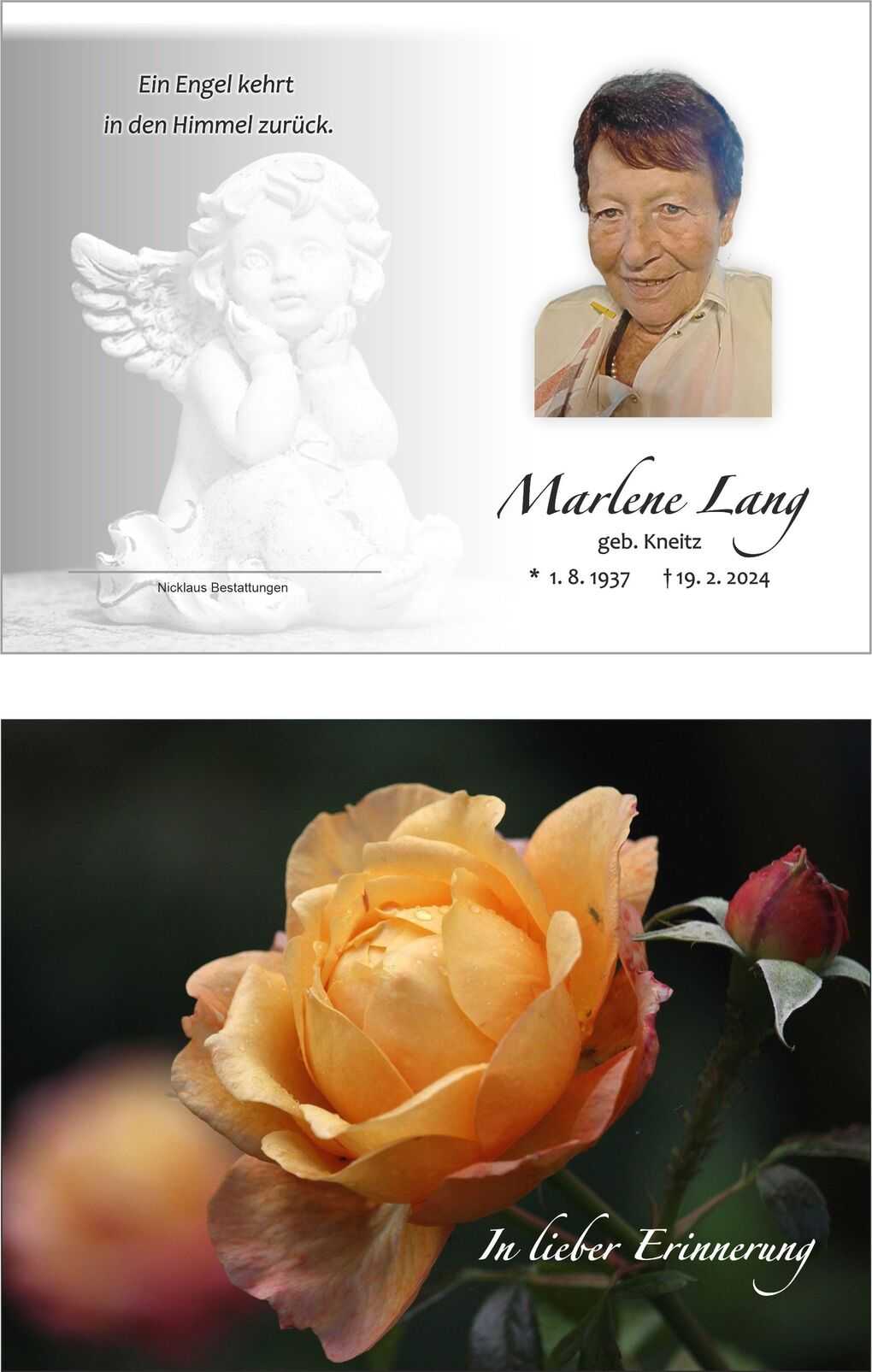 Gedenkblatt mit einem Engel, Foto einer &auml;lteren Frau und einer gelben Rose, umrahmt von der Aufschrift "In lieber Erinnerung".