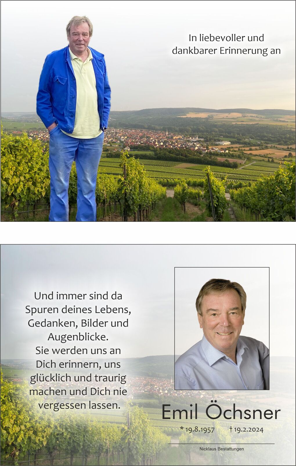 Mann in blauer Jacke steht in einer Weinlage mit Blick auf ein Dorf und H&uuml;gel im Hintergrund. Oben ein Erinnerungstext.