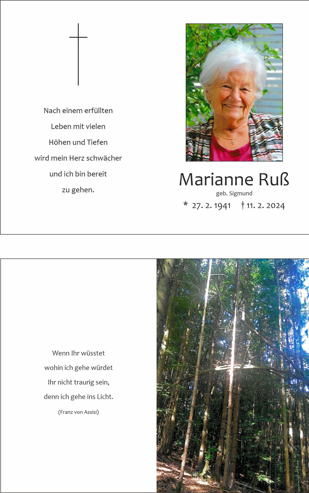 Wei&szlig;es Trauerblatt mit einer Fotografie von Marianne Ru&szlig;, einem Kreuz und einem Gedicht von Franz von Assisi.
