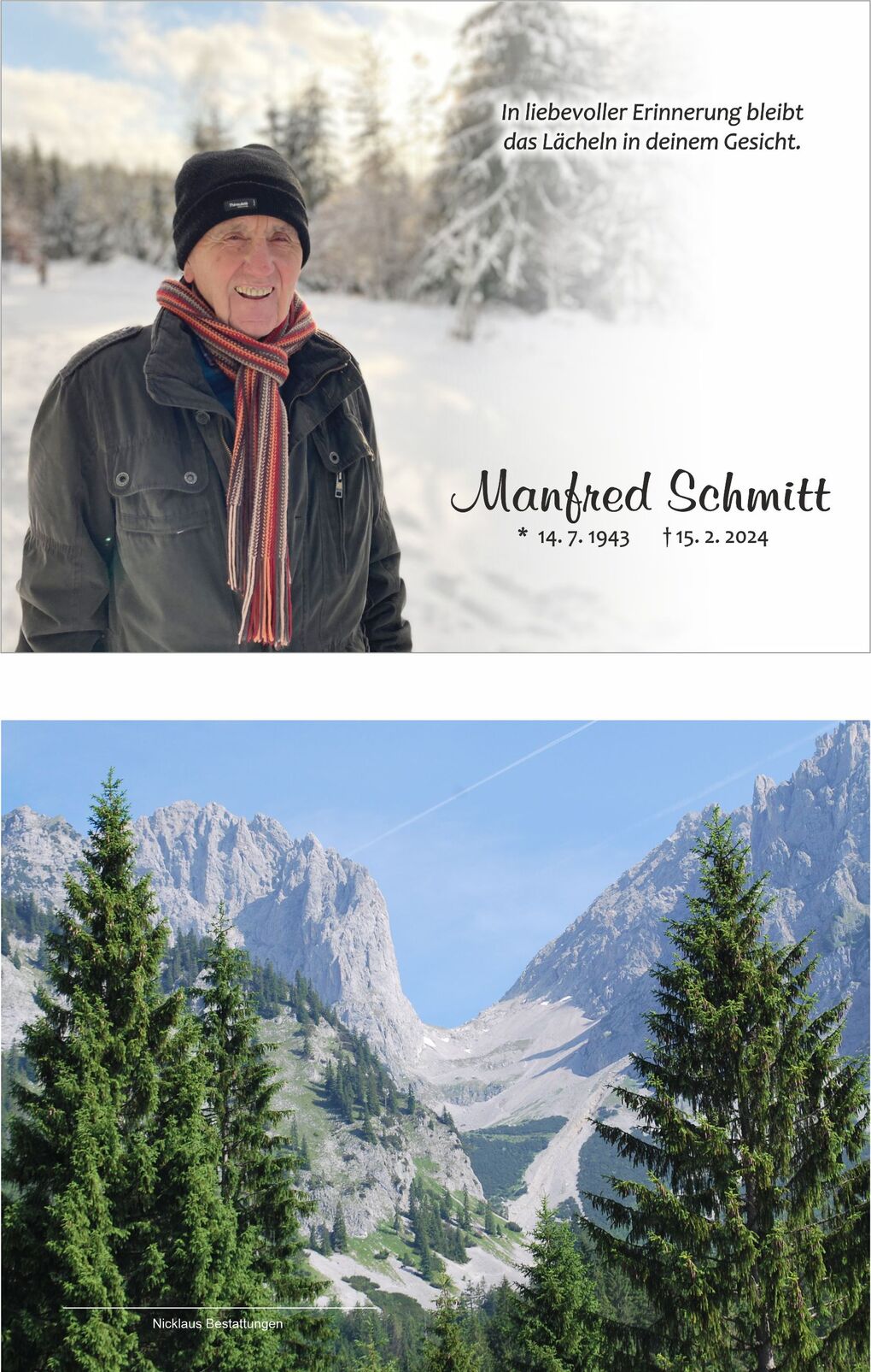 Portrait eines &auml;lteren Mannes im Winter mit Schnee, hinter ihm verschneite B&auml;ume, begleitet von einem Gedenkspruch.