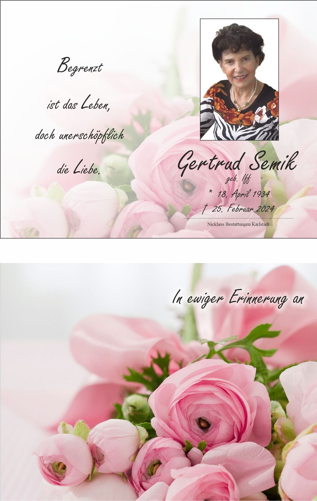 Gedenkart mit Foto einer l&auml;chelnden Frau vor rosa Blumen, mit Texten zu ihrem Leben und Erinnerung.