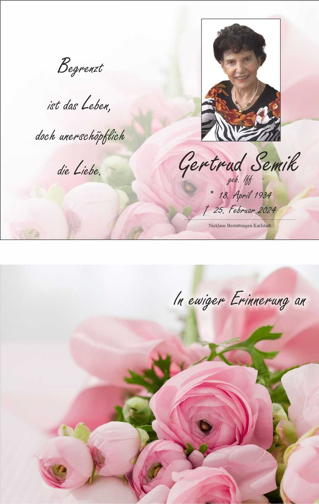 Gedenkart mit Foto einer l&auml;chelnden Frau vor rosa Blumen, mit Texten zu ihrem Leben und Erinnerung.