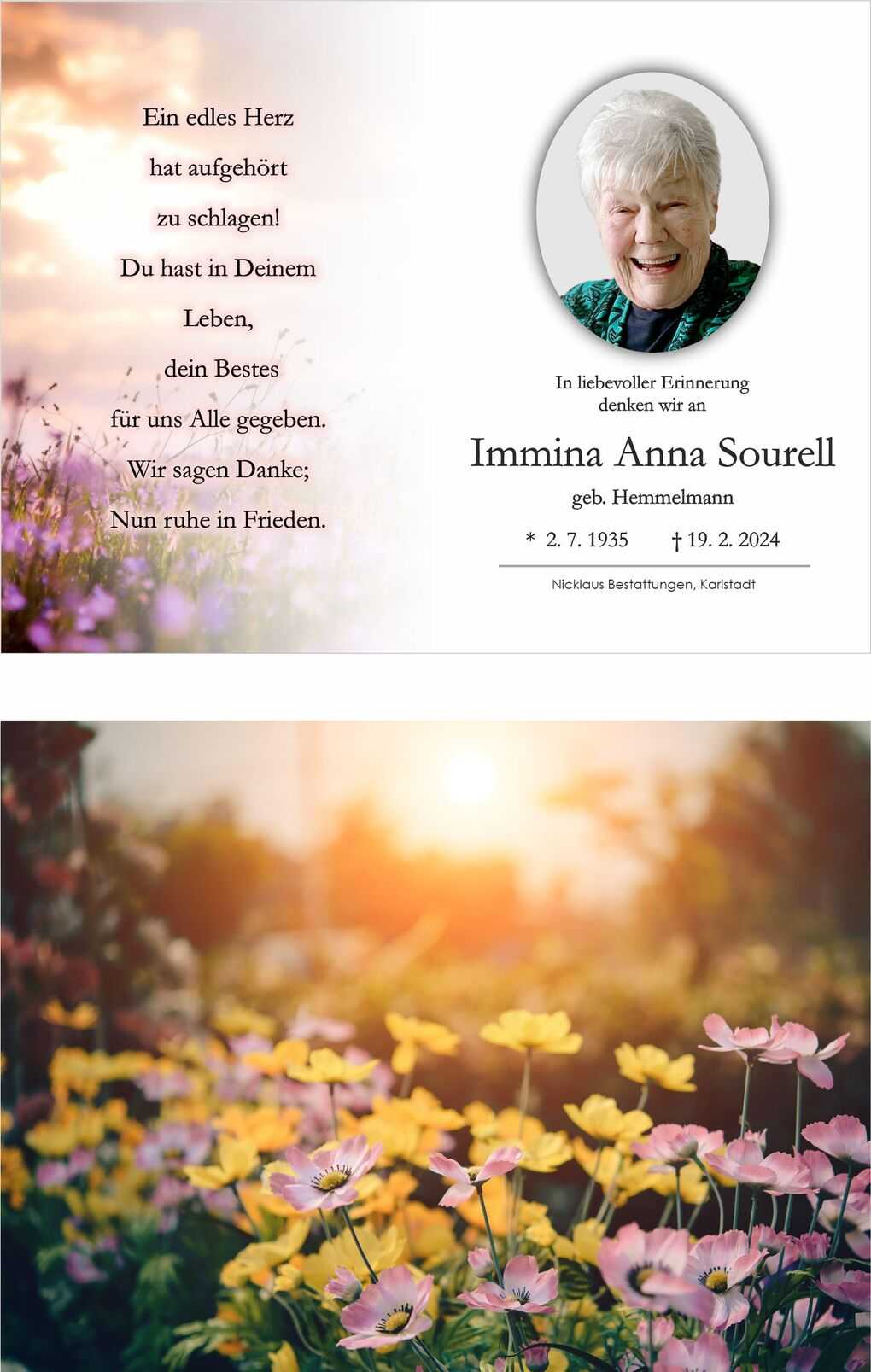 Ged&auml;chtnisbild mit einem Portr&auml;t einer &auml;lteren Frau, umgeben von bunten Blumen und einem Gedicht zur Erinnerung.