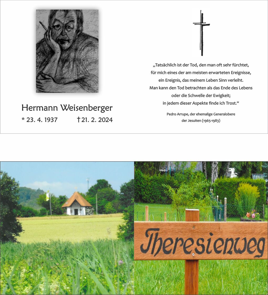 Bild zeigt eine l&auml;ndliche Szene mit einer kleinen Kapelle im Hintergrund und einem Holzschild mit der Aufschrift &bdquo;Theresienweg&ldquo;.