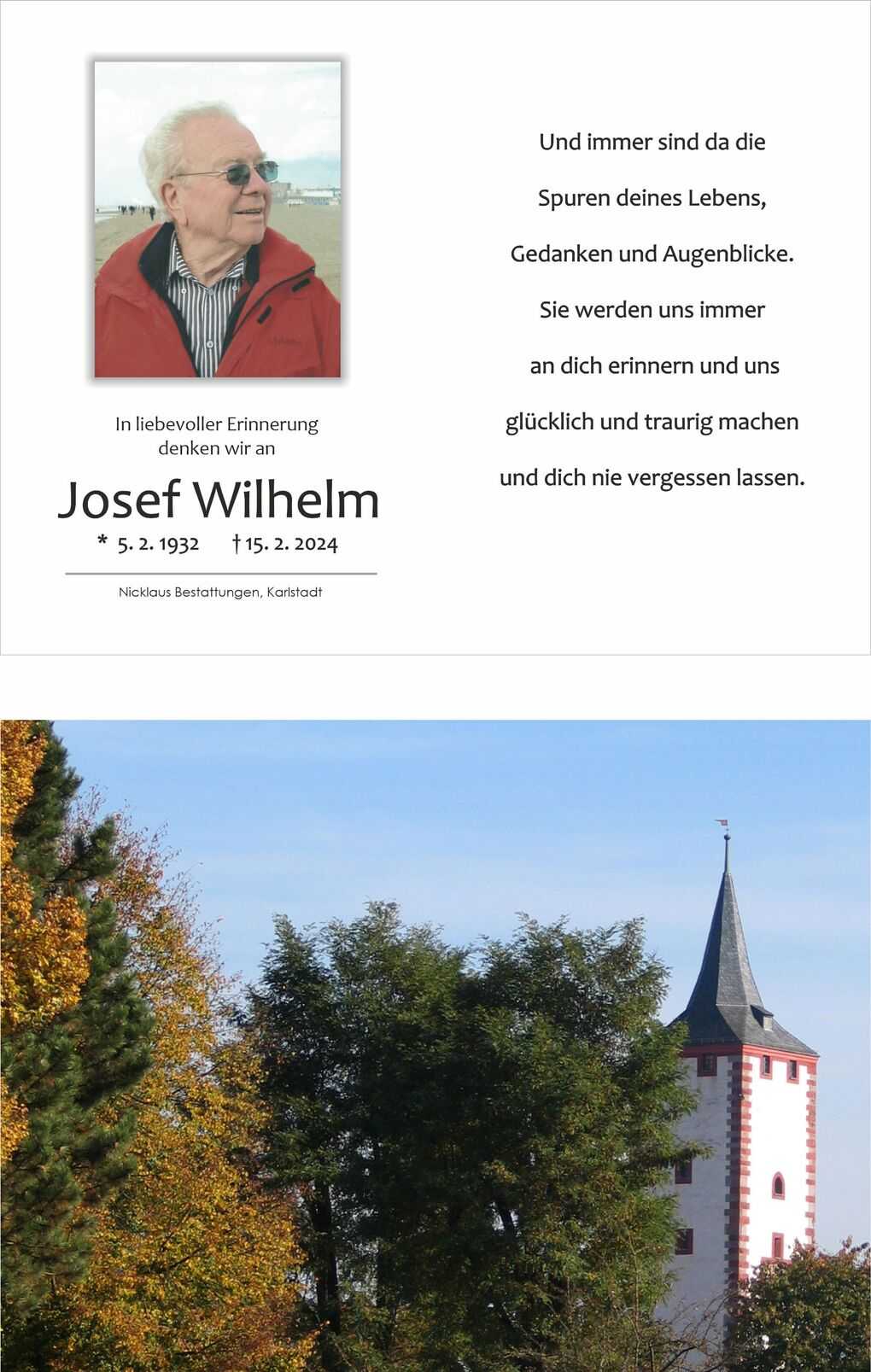 Wei&szlig;er Nachruf mit Bild von Josef Wilhelm, umgeben von trauernden Worten und Daten zu seinem Leben.