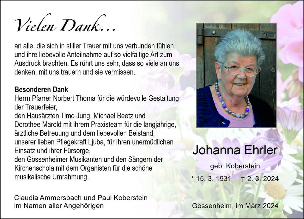 Dankestext f&uuml;r die Trauerfeier mit Foto von Johanna Ehrler auf bl&uuml;hendem Hintergrund. Inhalt und Namen sind abgedruckt.