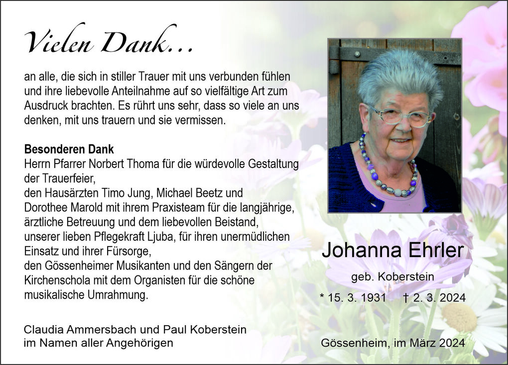 Dankestext f&uuml;r die Trauerfeier mit Foto von Johanna Ehrler auf bl&uuml;hendem Hintergrund. Inhalt und Namen sind abgedruckt.