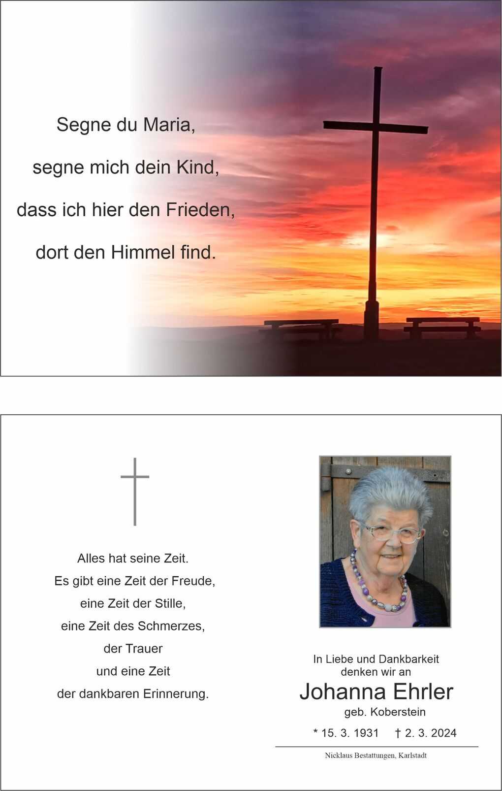 Kreuzsilhouette vor einem farbenfrohen Sonnenuntergang, neben einem Trauertext und einem Foto einer &auml;lteren Frau.