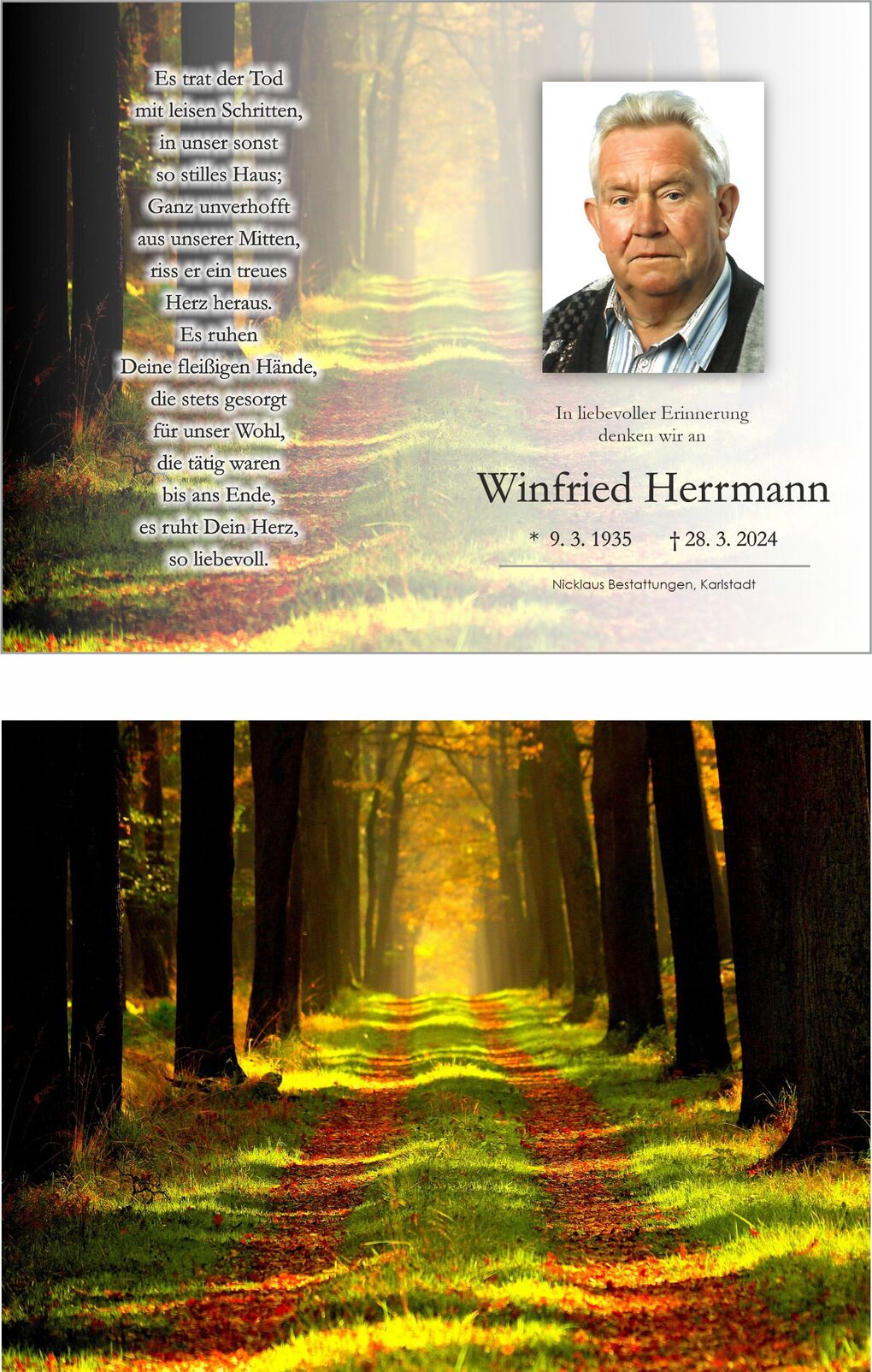 Herbstlicher Wanderweg mit Laub und B&auml;umen, sanft beleuchtet von sp&auml;tem Licht. Text zur Erinnerung an Winfried Herrmann.