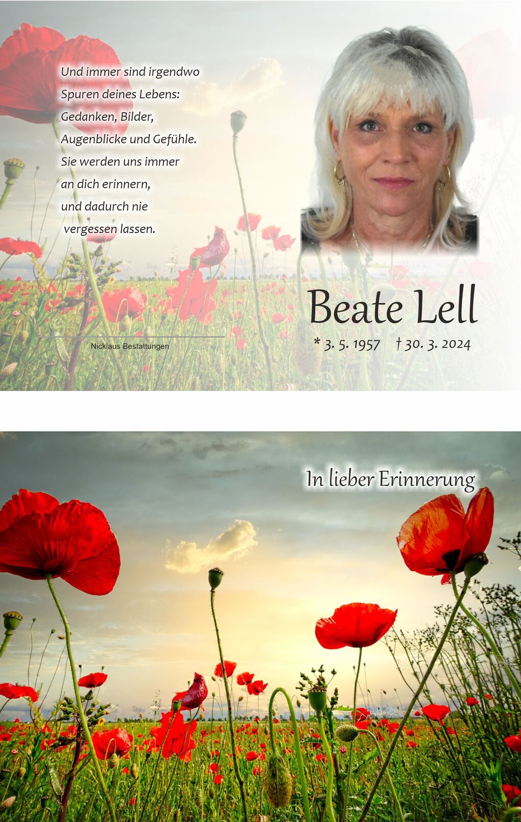 Gedenkblatt mit Bild von Beate Lell, umgeben von bl&uuml;henden Mohnfeldern und einem Sonnenaufgang im Hintergrund.