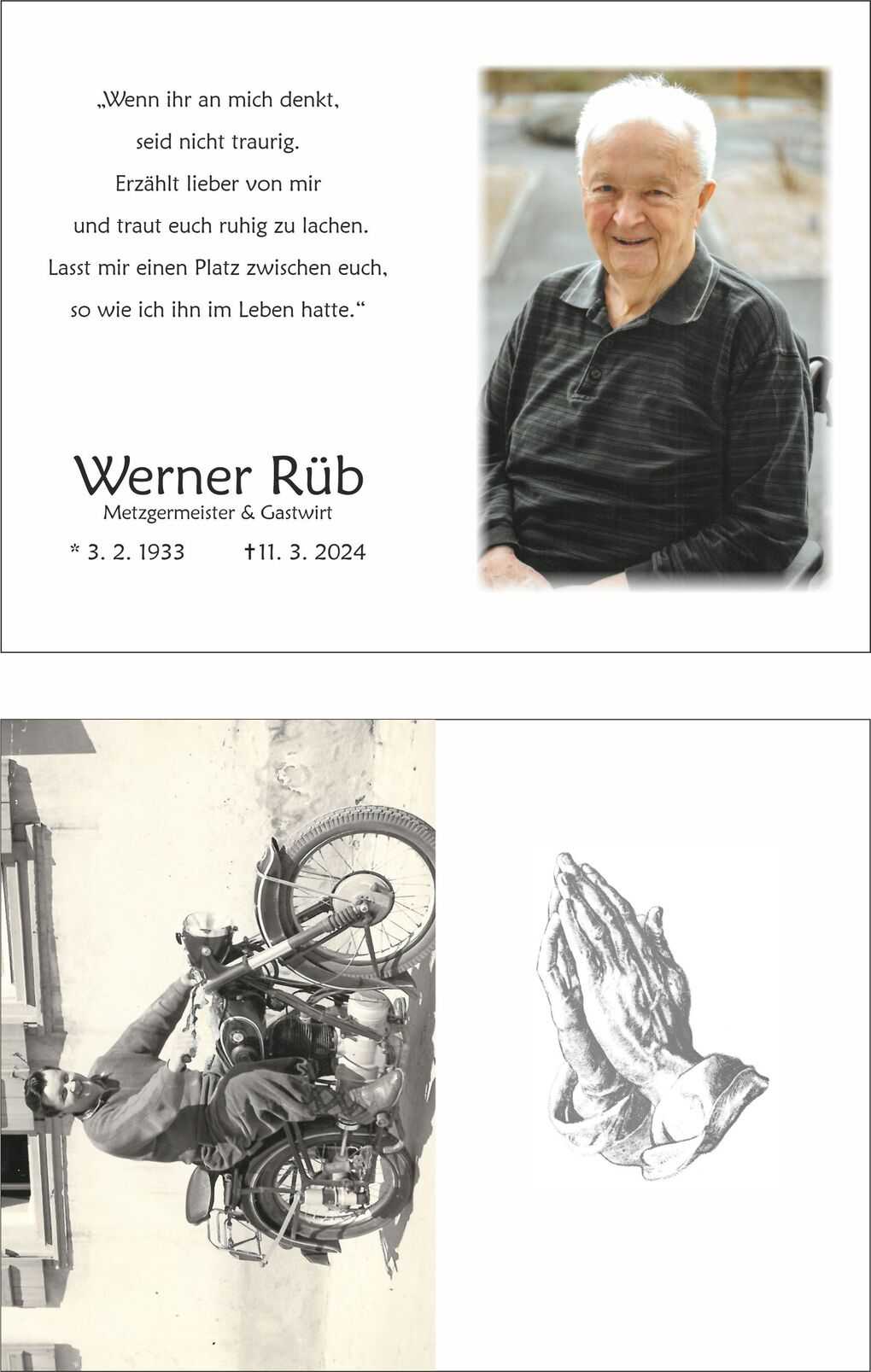 Schwarz-wei&szlig;-Foto eines Mannes auf einem Motorrad, daneben eine Zeichnung von gefalteten H&auml;nden.