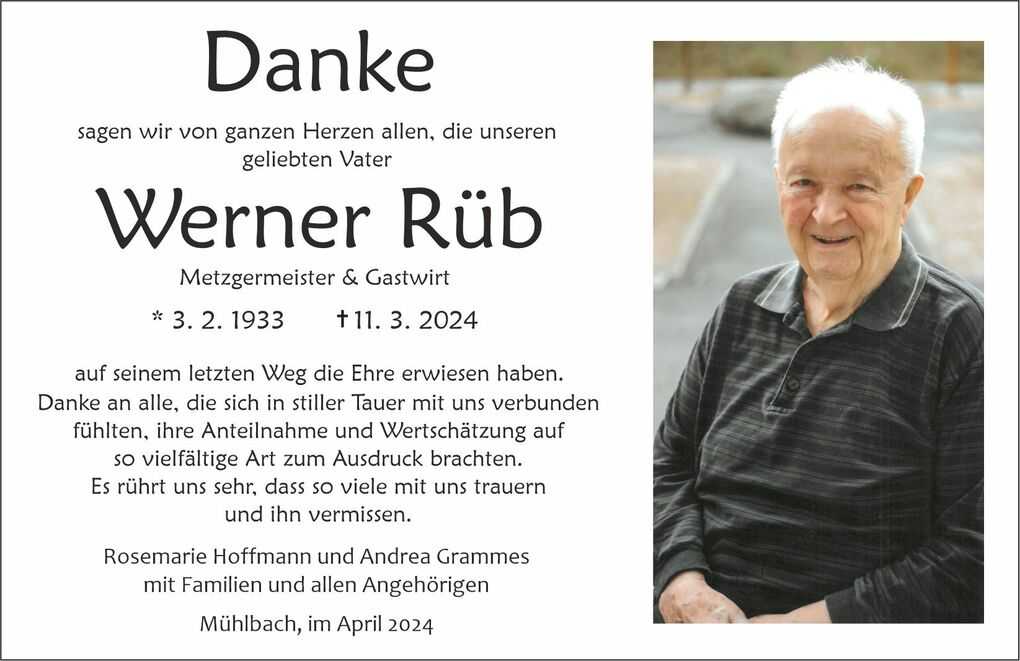 Traueranzeige f&uuml;r Werner R&uuml;b, verstorben am 11. M&auml;rz 2024, mit portraitartigem Foto eines l&auml;chelnden &auml;lteren Mannes.