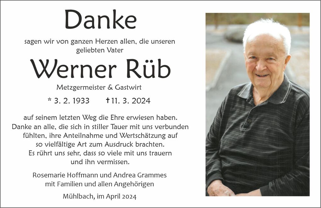 Traueranzeige f&uuml;r Werner R&uuml;b, verstorben am 11. M&auml;rz 2024, mit portraitartigem Foto eines l&auml;chelnden &auml;lteren Mannes.