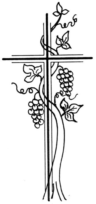 Kreuz mit Weinreben und Trauben, umrankt von gr&uuml;nen Bl&auml;ttern, in geschwungener, minimalistischer Linienzeichnung.